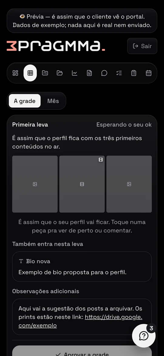 Portal do Cliente, tela Conteúdo, com dados de exemplo