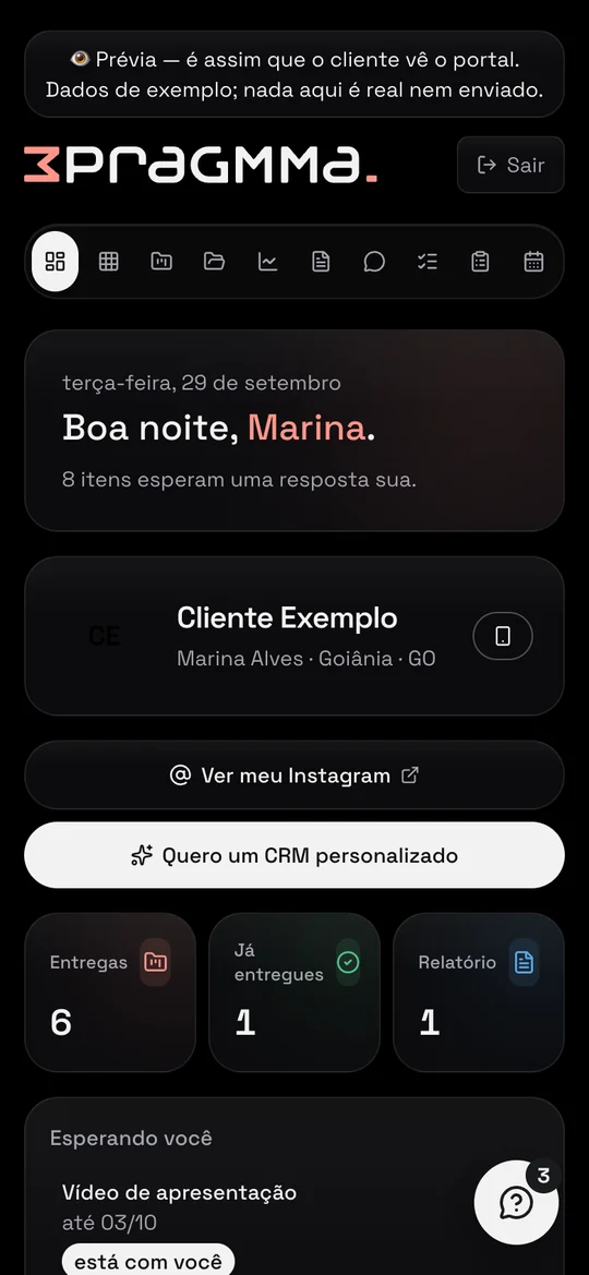 Portal do Cliente, tela Painel, com dados de exemplo