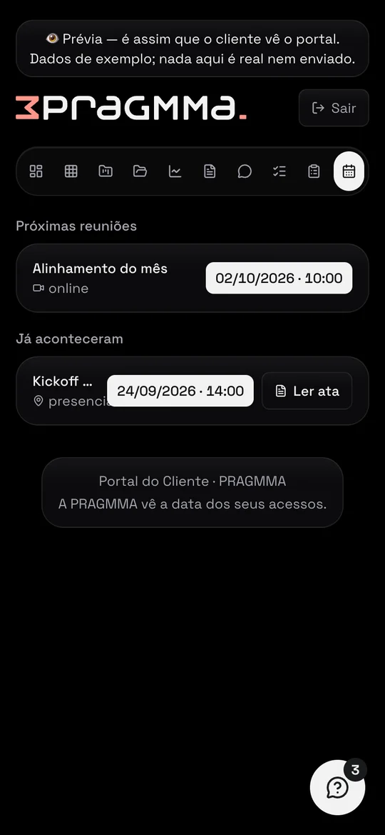 Portal do Cliente, tela Reuniões, com dados de exemplo